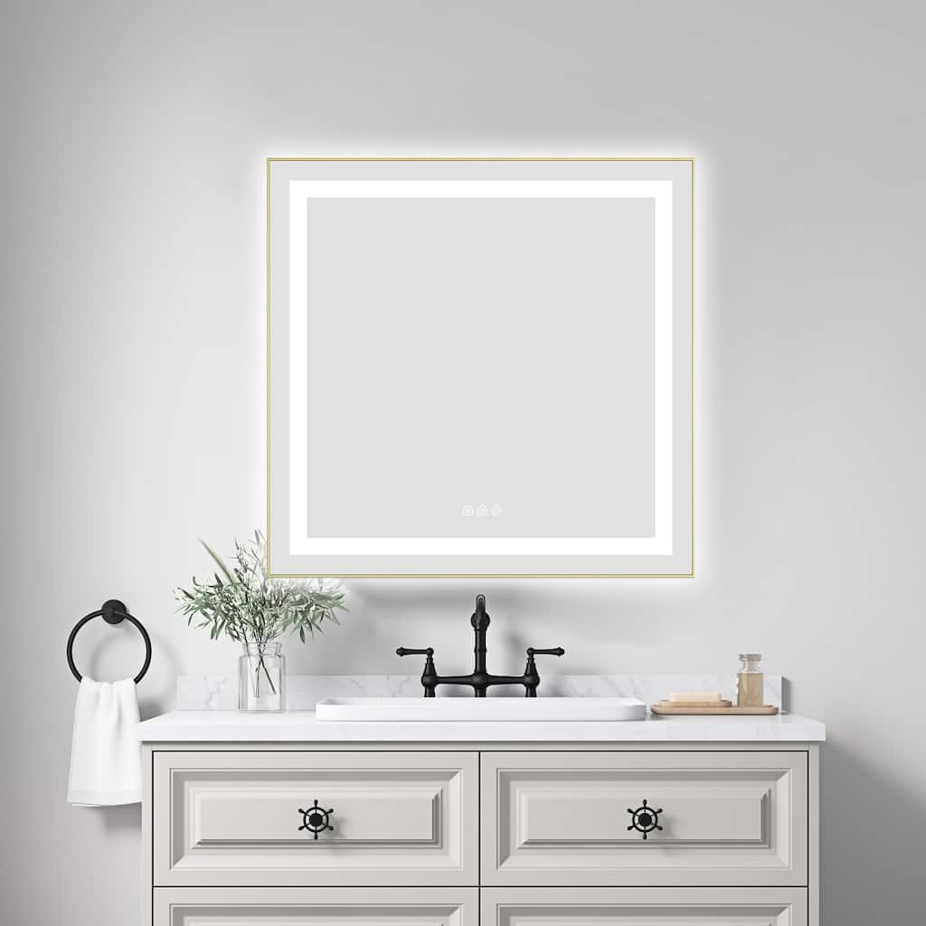 30 x 30 Inch LED Bathroom Mirror with Front and Backlight, Wall Mounted Vanity Mirror with Aluminum Frame, Anti-Fog, Memory