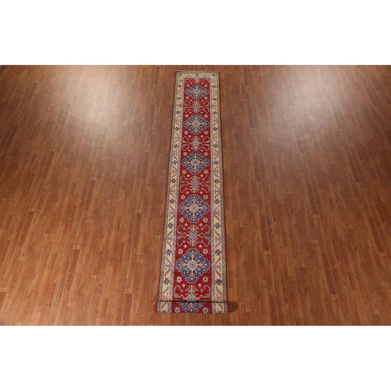 Kazak Runner Rug Hand-Knotted Traditional Red Wool Carpet - 2'5" x 15'11"