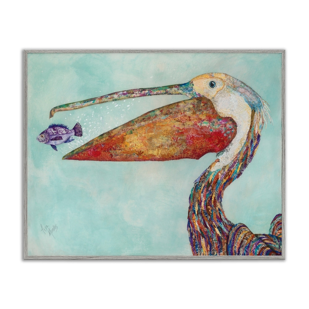 Stupell Pelican's Lost Supper Fish and Patterned Feathers Framed Giclee Texturized Art by Lisa Morales