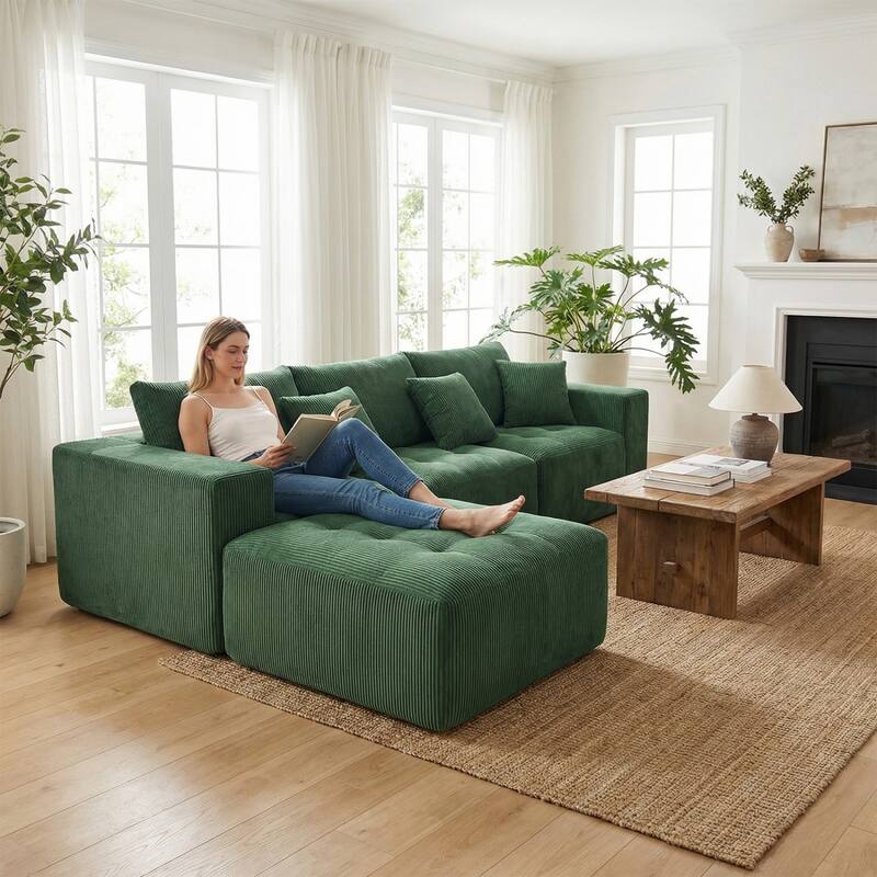 101.18" Corduroy Modular Sectional Sofa with Ottoman, No Assembly Required