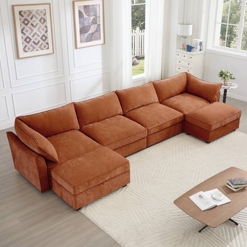 GDFStudio - Chenille U-Shaped 4-Seater 146.4" Modular Sofa with 2 Ottomans and Storage Drawers