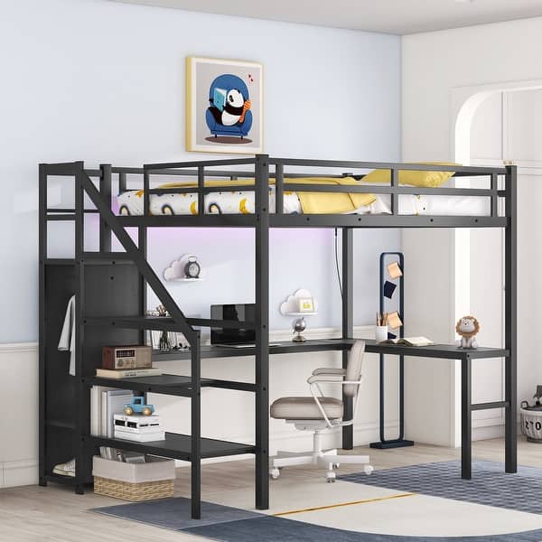 slide 2 of 9, Metal Full Size Loft Bed with Desk,Wardrobe,USB & LED for Study & Work Black - Full
