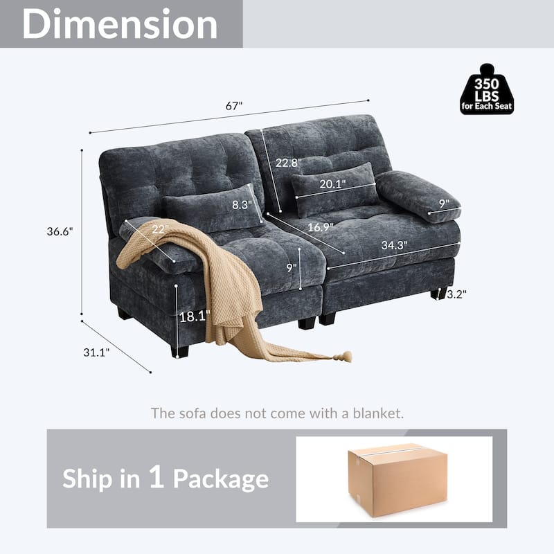 67-Inch Chenille Loveseat Sofa with 4-Position Adjustable Backrest, 2 Throw Pillows, 2-Seater Sofa Couch for Livingroom Apatment