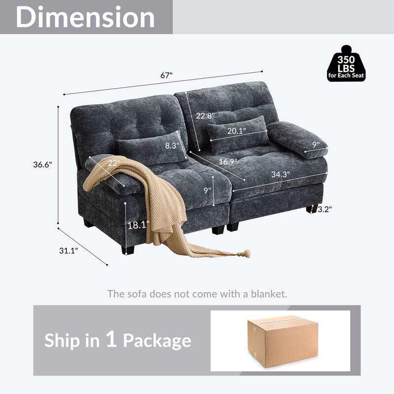 Blue Loveseat 2-Seater Sofa Couch with 2 Pillows, 4-Position Reclining Sleeper Sofa Couch with Adjustable Backrest