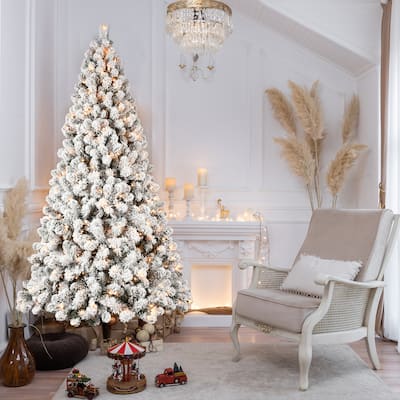 5ft Flocked Pre-Lit Christmas Tree with 200 UL Warm White Lights,551 PVC Tips,Auto-Unfold Memory Wire, Easy Assembly