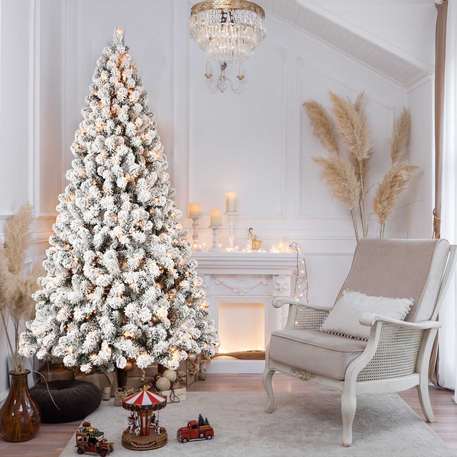 Pre-Lit Snow Flocked Christmas Tree - UL Warm White Lights, Auto-Unfold Memory Wire, Metal Stand - Green,White