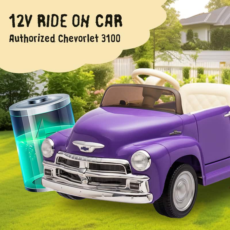 12V Licensed Chevrolet 3100 Pickup Kids Electric Ride-On Car with Remote Control, Ages 3+ - Purple