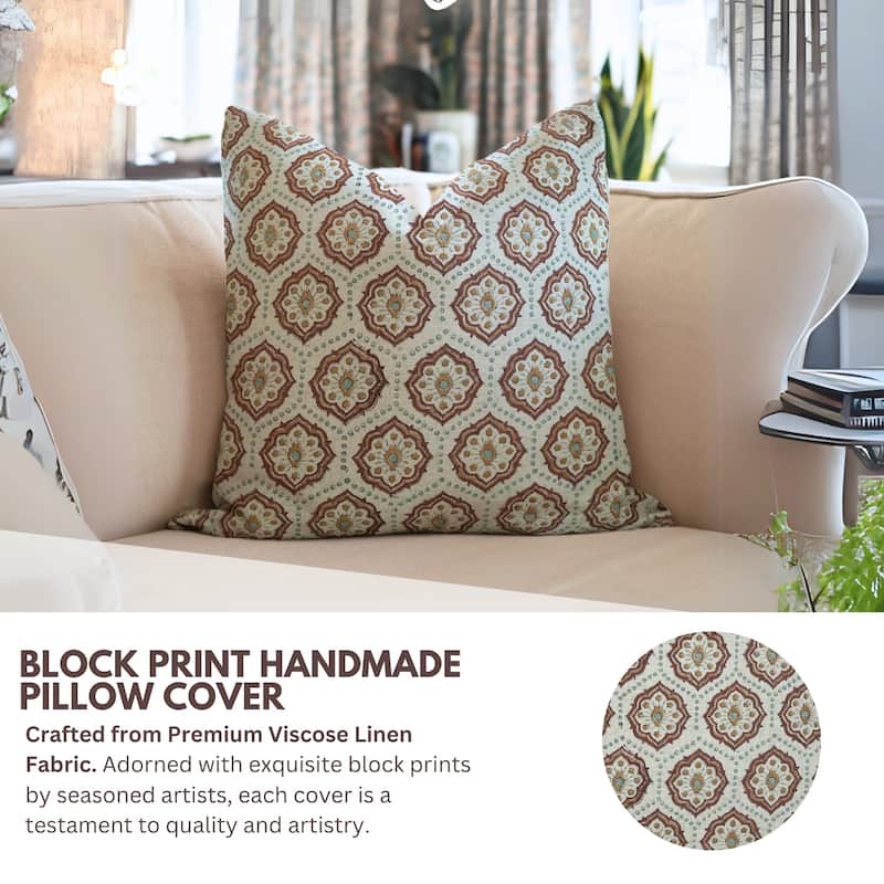 Fabdivine Decorative Floral Pillowcase Handmade Linen Block Print Accent for Sofa Kids Bed Rust Spring Décor, Sadabahar