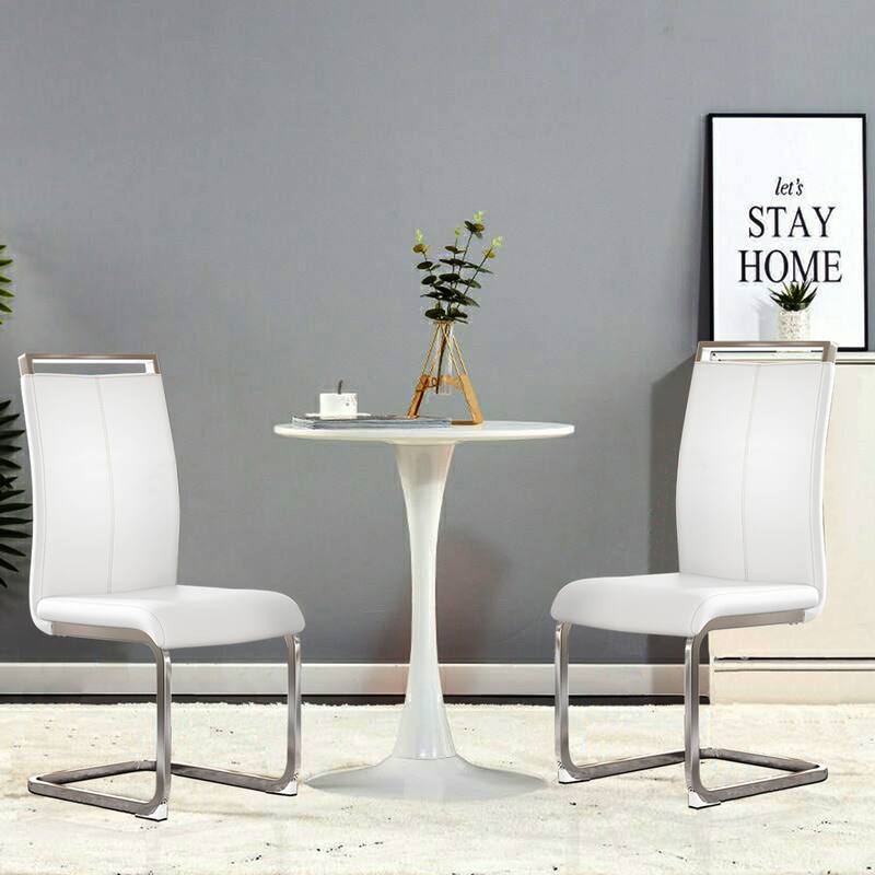 Modern Upholstered High Back Dining Chairs with C-Shaped Metal Legs - White+Silver - Set of 2