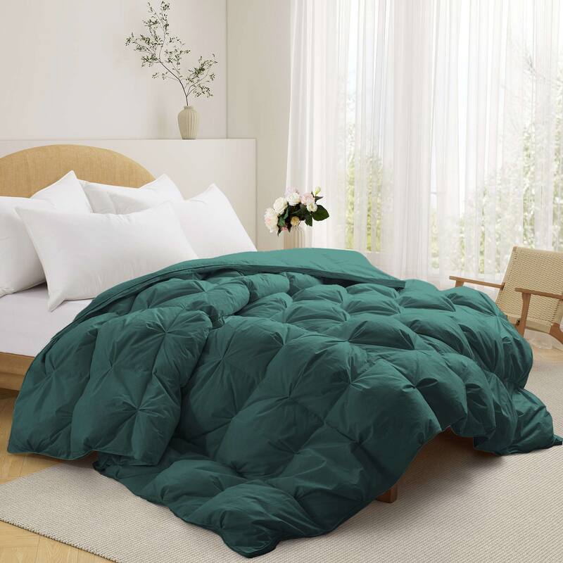 All Season 100% Cotton White Goose Feather Down Comforter with Pinch Pleat Design - King - Gusseted Green