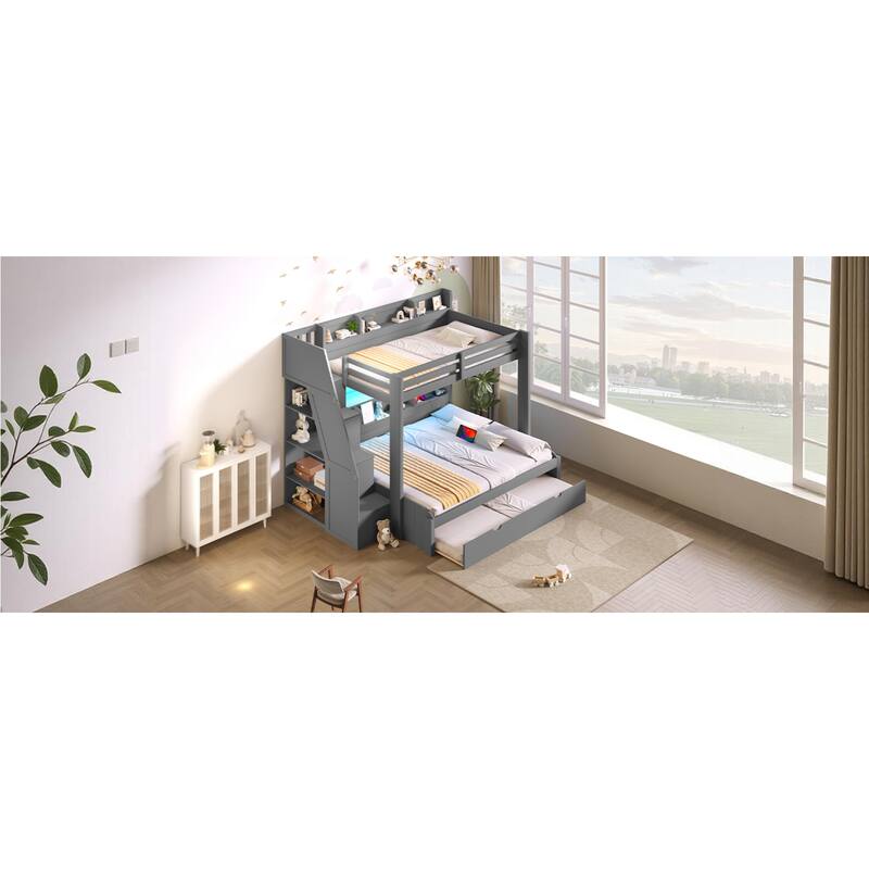 Roomfitters Twin Over Full Bunk Bed with Storage Staircase, Trundle, LED and USB