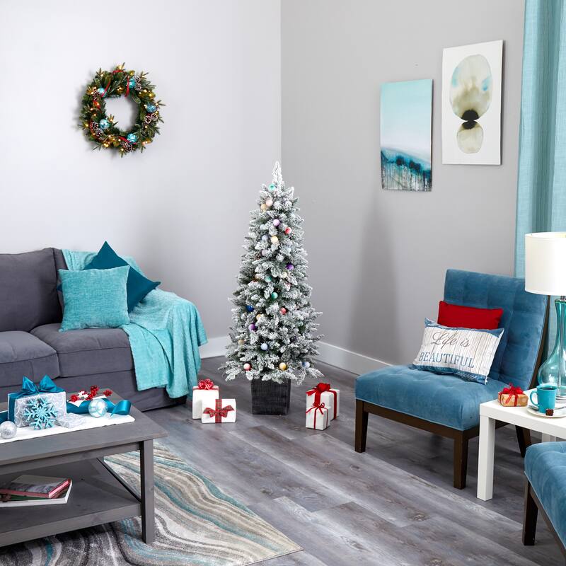 5ft. Flocked Fir Artificial Christmas Tree with 50 Multi-Color Globe Bulbs and 379 Branches - Playful X-Mas Accent Tree