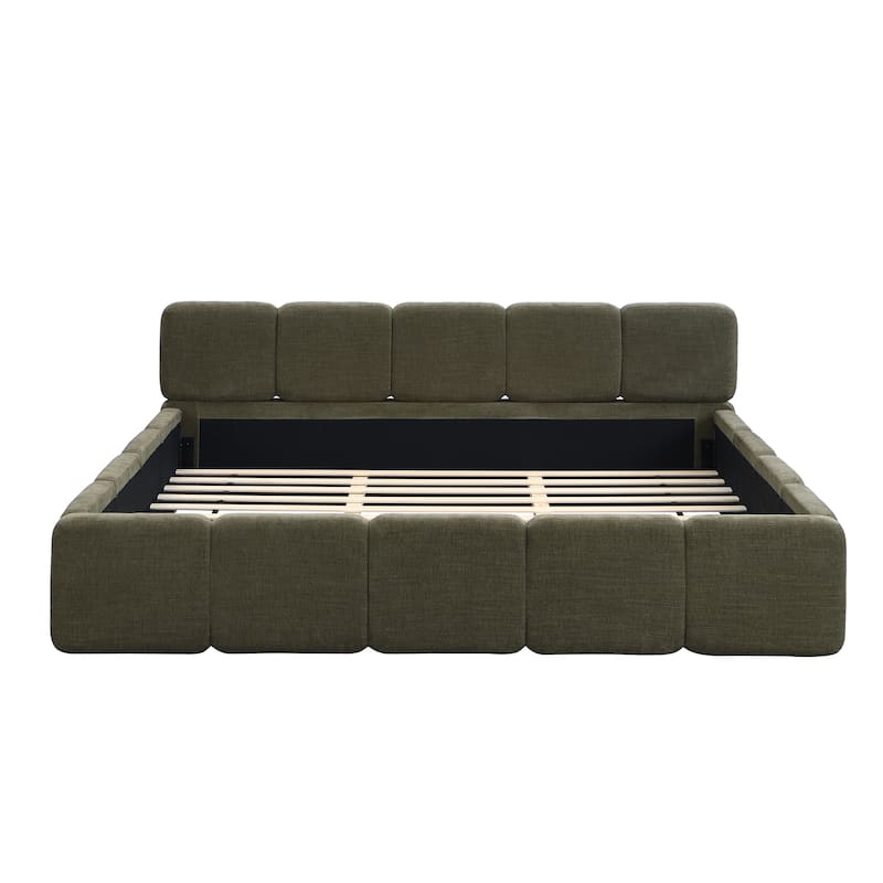 Modern Upholstered Bed Frame Block Style Grounded Bed with Thick Headboard, Lowprofile Wingback Bed Floor Bed Platform Bed Frame