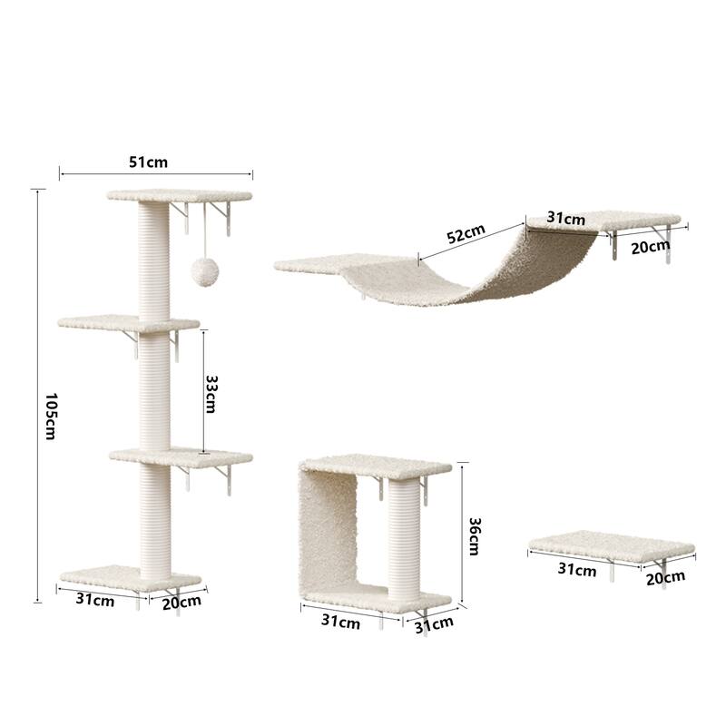 Wall Mounted Cat Furniture Set of 4 with Scratching Post and Plush Bed