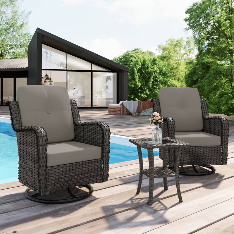 Outdoor 3 Pieces Rattan Wicker Bistro Set Swivel Rocker With Cushion & Table