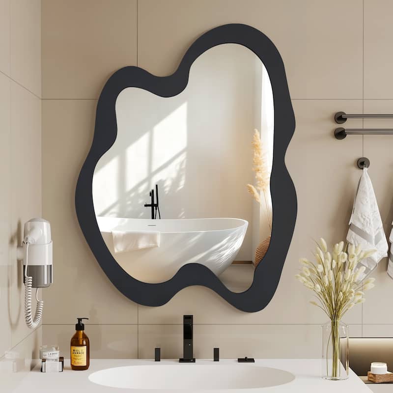 Wood Frame Decorative Asymmetrical Mirror Irregular Wall Mirror - 20x28 - Black