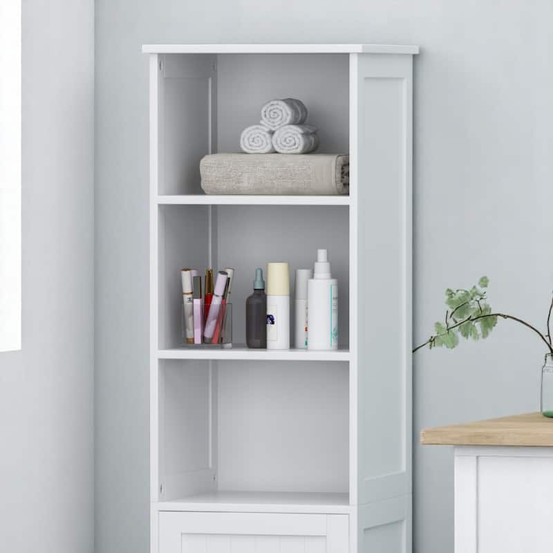 63'' Modern Bathroom Linen Cabinet with Doors and Open Shelves, MDF Freestanding Storage Unit