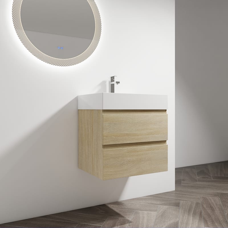 24" Wall-Mounted Bathroom Vanity With Resin Sink, 2-Soft Close Drawers