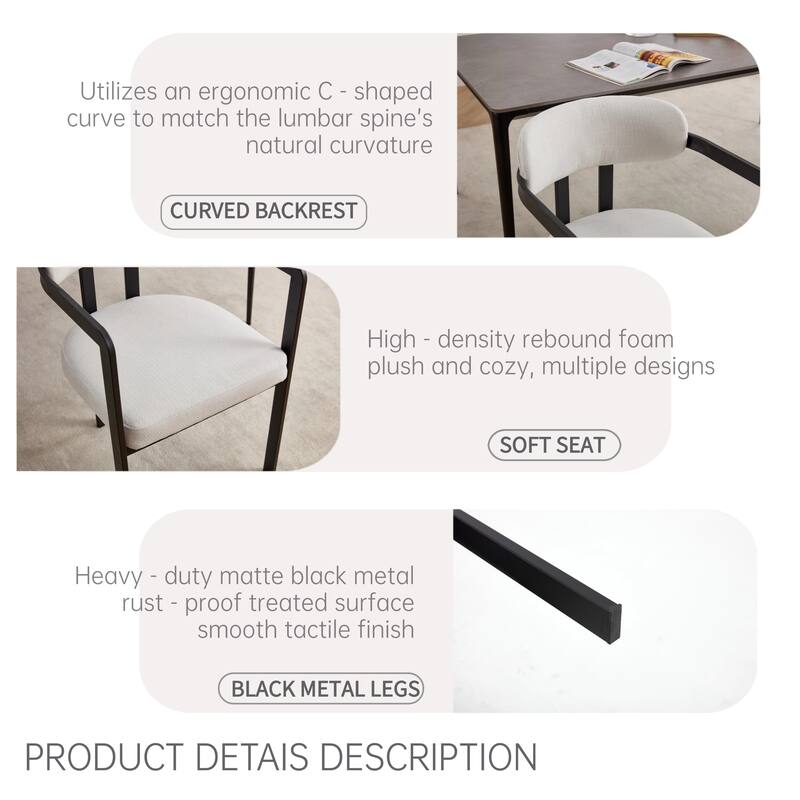 Modern Upholstered Dining Chairs Set of 2 with Black Metal Legs and Curved Backrest