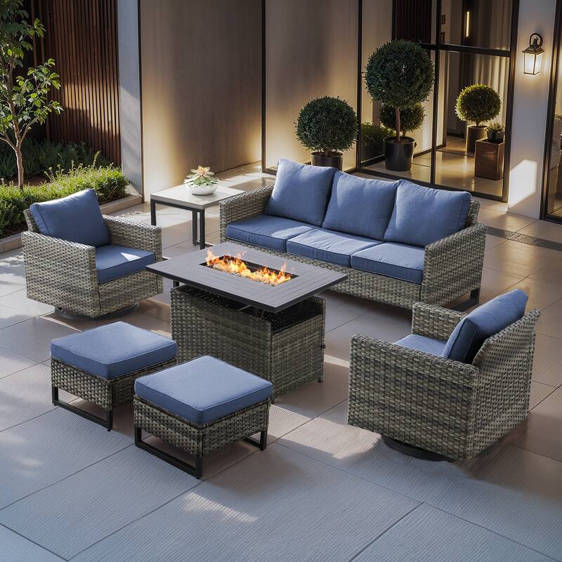Outdoor Grey Wicker Fire Pit Table with Sofa Swivel Chairs Ottoman - Blue Cushion - Grey Wicker Sofa Set w/ Grey Wicker Fire Table