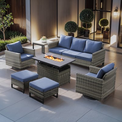 Outdoor Sofa Chairs with Grey Wicker Fire Pit Table - Grey Wicker Sofa Set w/ Grey Wicker Fire Table