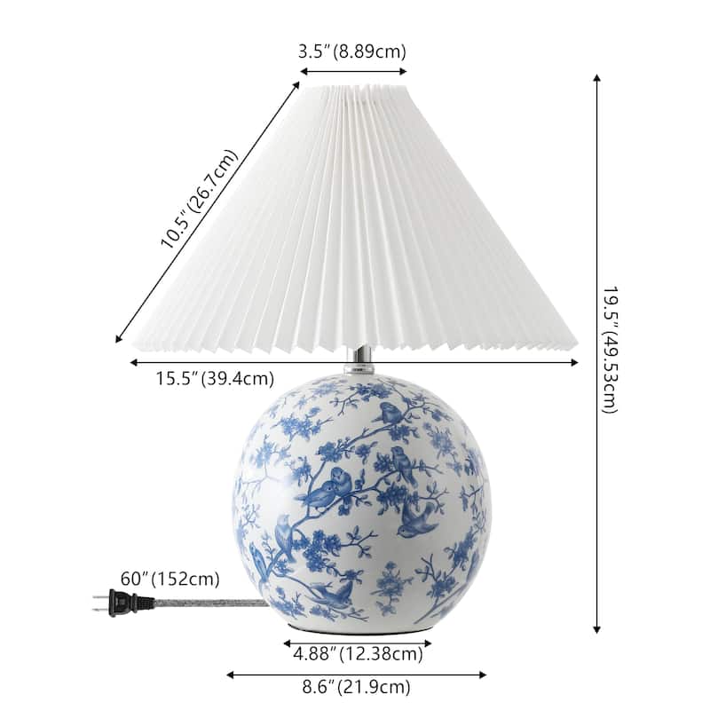 Alessio 19.5" Cottage Classic Chinoiserie Ceramic Orb LED Table Lamp with Pleated Shade, by JONATHAN Y