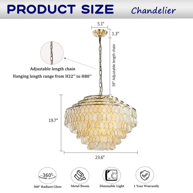 7-Light 24'' Mid-Century Modern Coastal Aged Bronze 4-Tier Natural Capiz Shell Chandelier Glam Pendant Light For Dining Room
