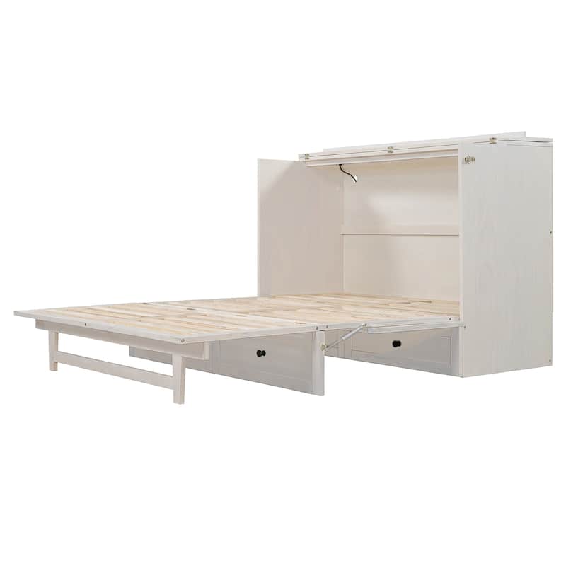Queen Size Murphy Bed with Large Drawers & USB Ports,Brushed White