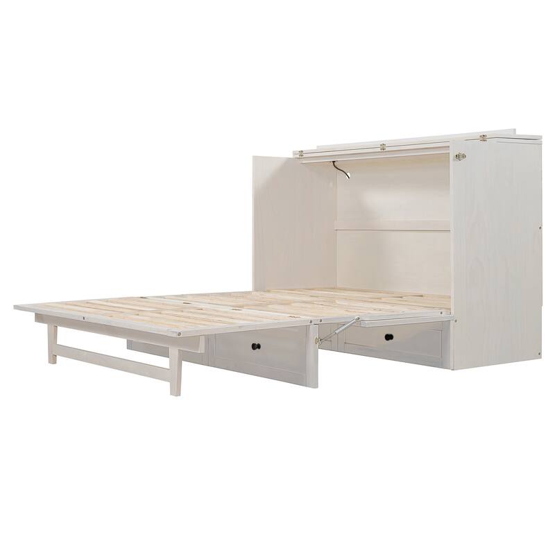 Space-Saving Queen Murphy Bed with Storage Drawers, USB Ports & Outlets, Brushed White/Gray Finish