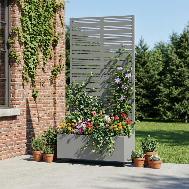 Outdoor Metal Galvanized Privacy Screen Planter Box with Trellis Lockable Wheels - 72"x35" - Gray-Rectangle