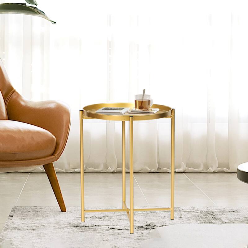 Adeco Gold End Table Metal Waterproof Snack Beside Table Accent Coffee Table - 16.9""(D)x 16.9""(W)x 20.5""(H)