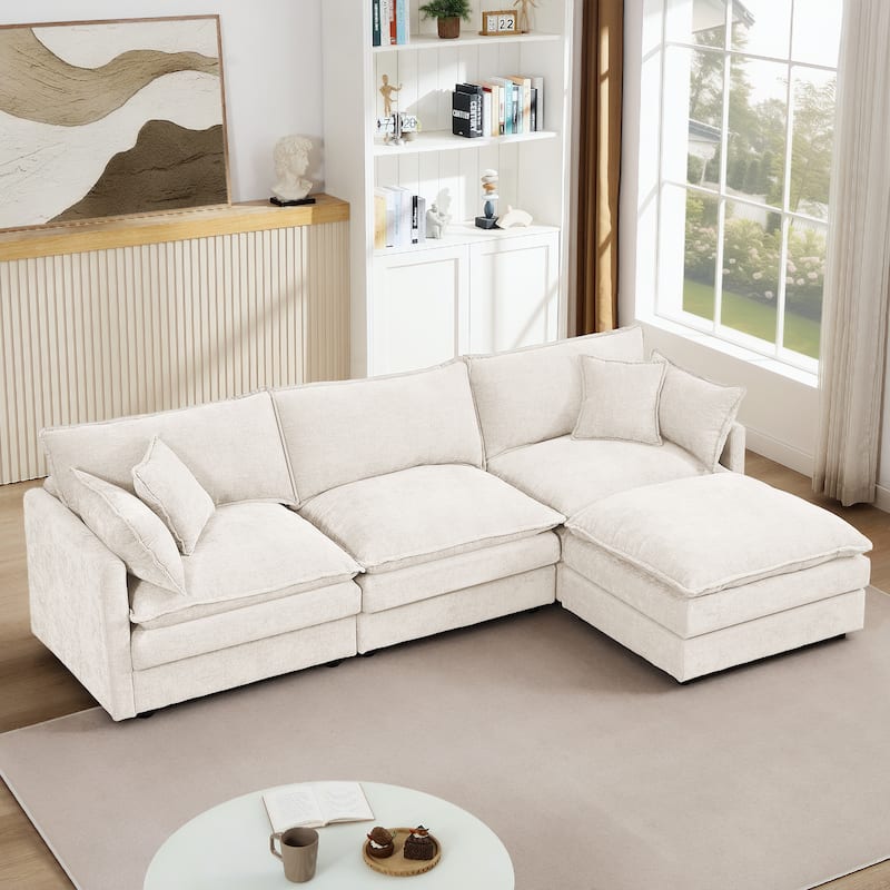 Chenille Chaise Sectional Sofa with Ottoman and 3-layers Cushions