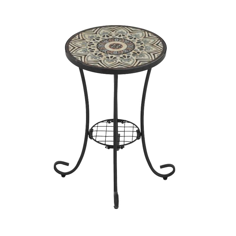 Roomfitters Outdoor Patio Side Table with Ceramic Tile Top and Lower Shelf, Floral