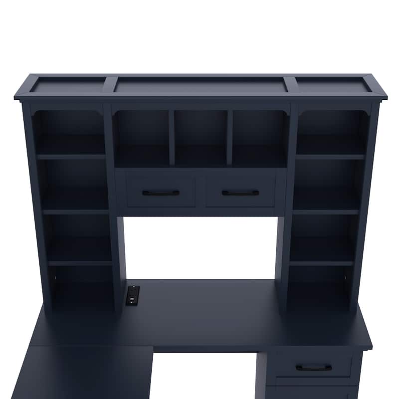L-Shaped Computer Desk with 2 Cabinets and 2 Drawers,11 Open Shelves,with Electrical Outlet,for Study,Living Room and Office