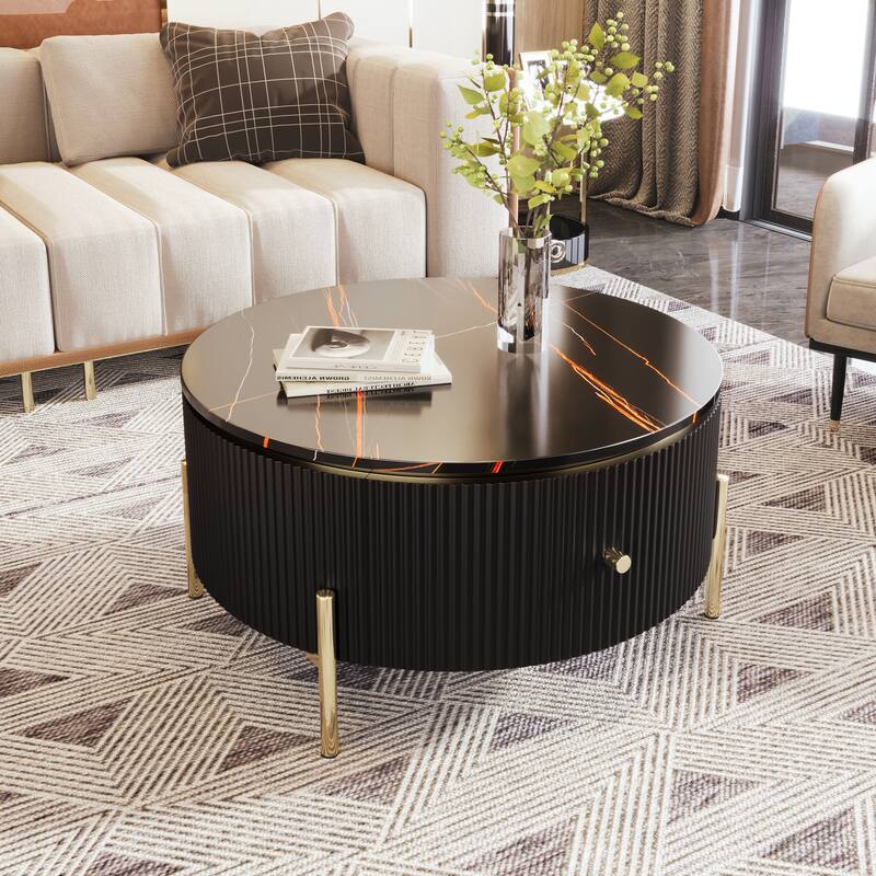 Modern Round Coffee Table with 2 large Drawers Storage - Black & Gold