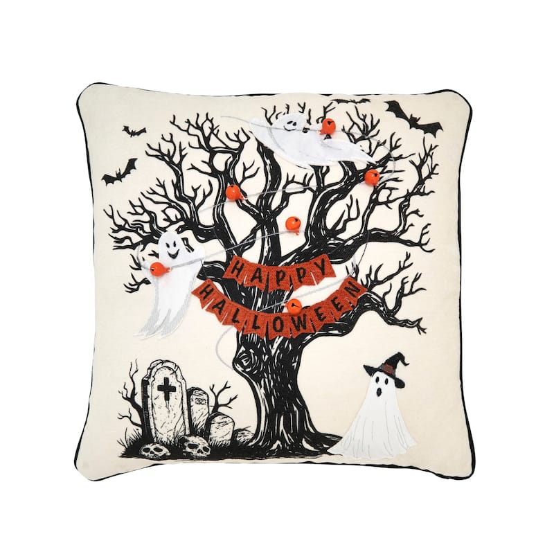 Happy Halloween Tree Throw Pillow - 18"x18" - Polyester - Natural