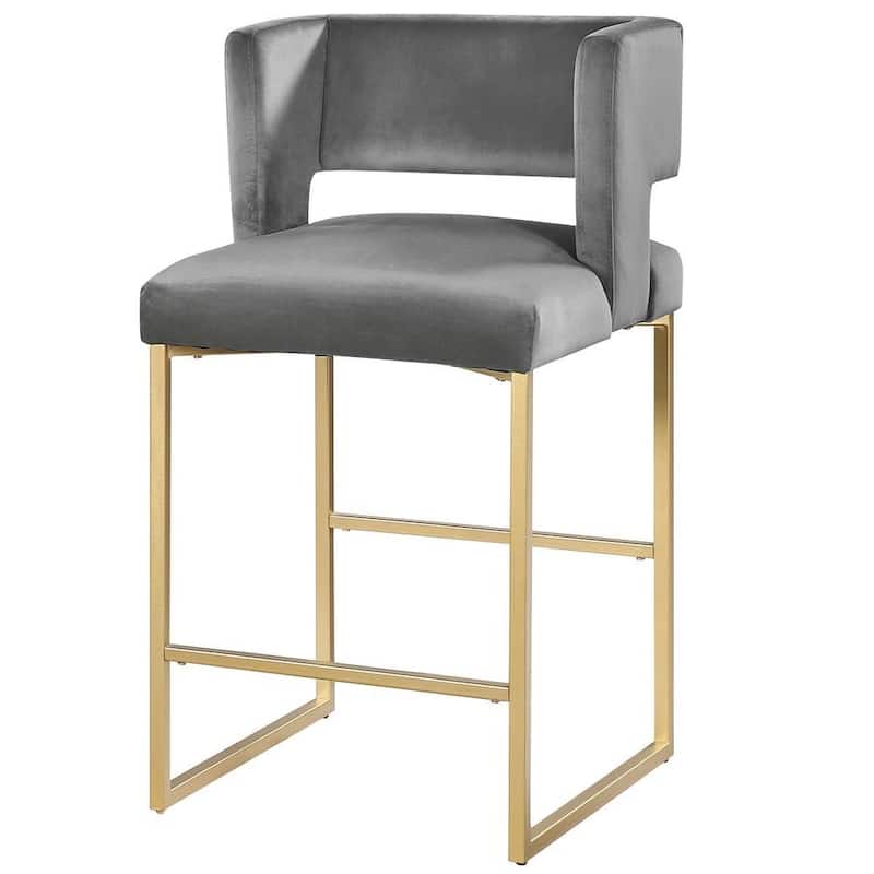 27 Inch Counter Stool Set of 2 with Soft Padded Gray Velvet Upholstery, Gold Metal Legs, Kitchen Side Stool