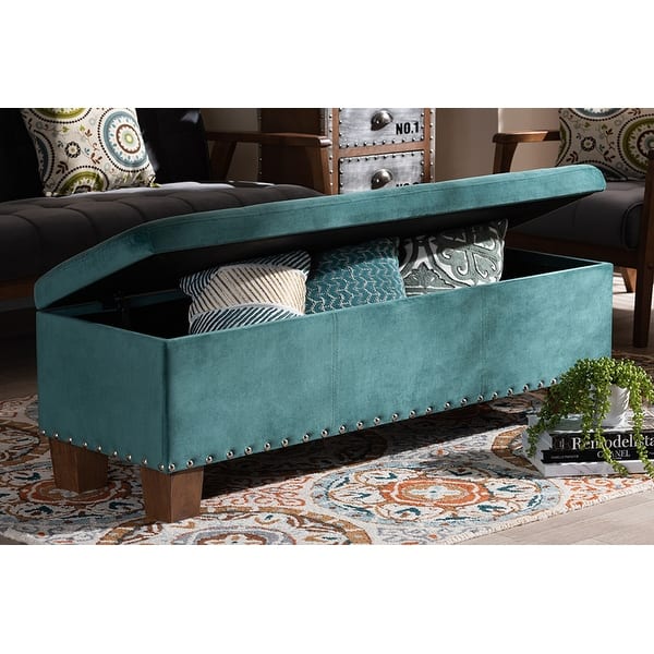 Adrian Teal Blue Velvet Fabric Button Tufted Storage Ottoman Bench Overstock 29897762