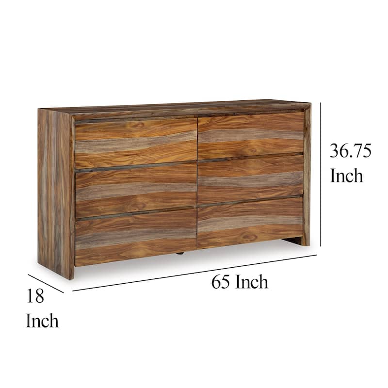 Donni Wide Dresser, 6 Drawer, Brown Sheesham Wood Finish, 65 inch