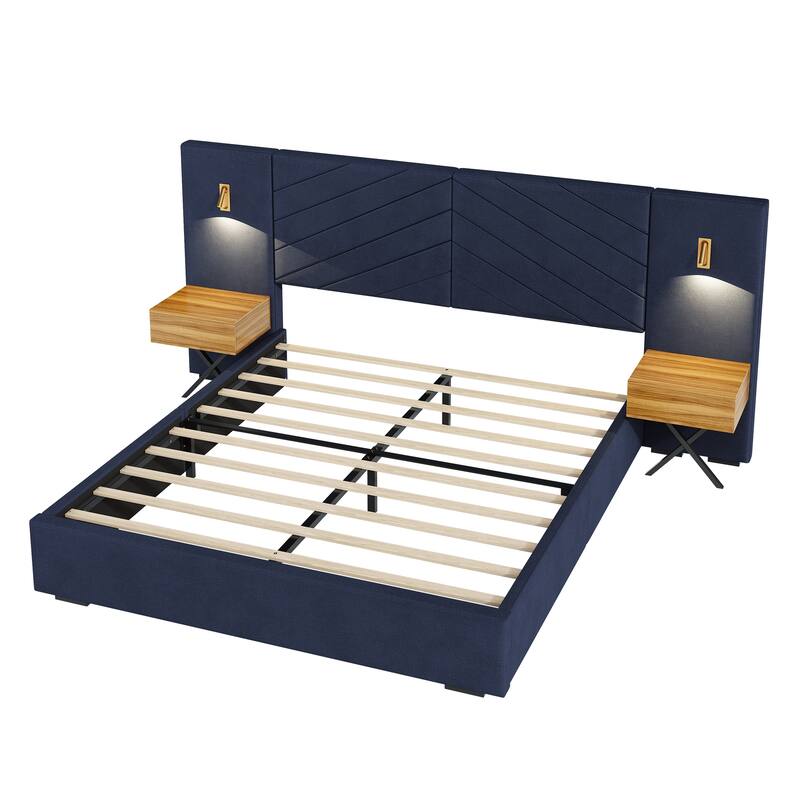 Velvet Upholstered Bed Frame, Wingback Headboard Platform Bed with LED Side Lights & Nightstands, No Box Spring Needed