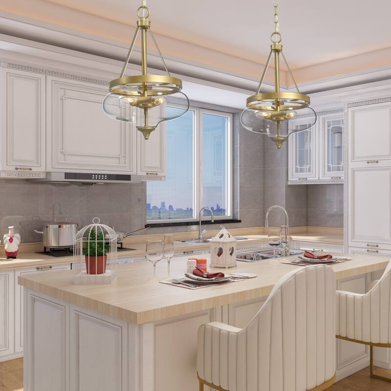 Modern Glam Chandelier 3-Light Clear Glass Lantern Farmhouse Pendant Lights for Kitchen Island
