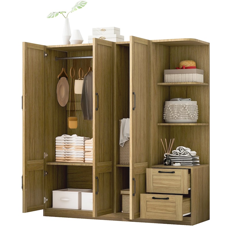 3 Doors Armoire Wardrobe Closet with 3 Side Shelves 2 Drawers, Wooden Bedroom Armoires with Hanging Rod for Bedroom