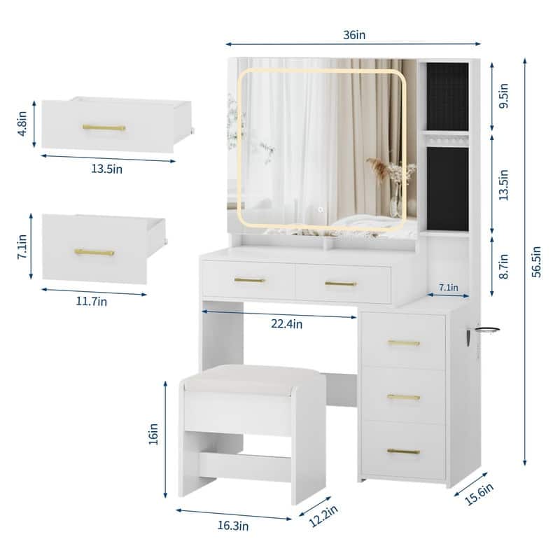 Makeup Vanity Table with Mirror, 5 Drawers, Stool, Charging Station, Hair Dryer Holder