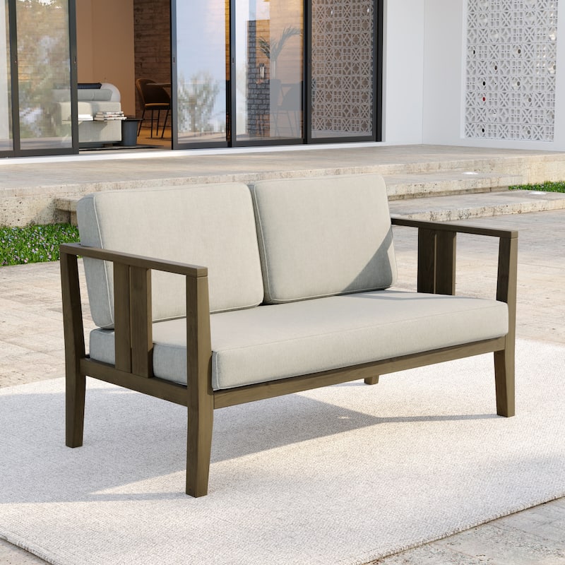 Casual Teak Wood Outdoor Patio Loveseat with Cushions