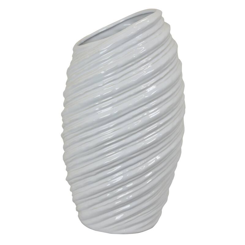 Avery Tall Modern Vase, Angled Spiral Design, White Ceramic 17 Inch