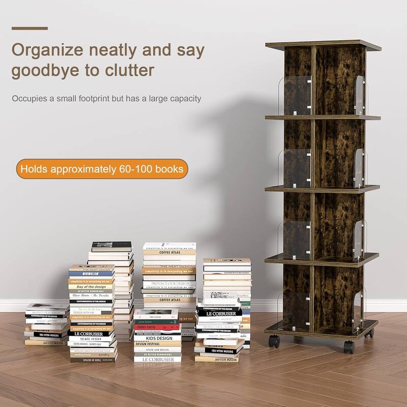 VECELO Bookshelf with Wheels,Storage Bookcase with Wheels for Bedroom, Living Room Home and Office