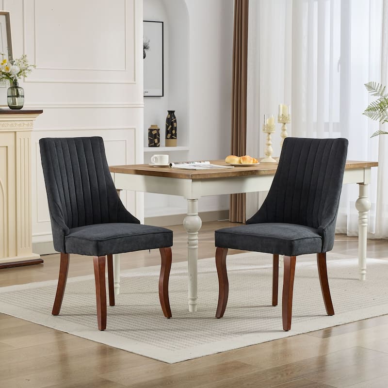 Flocking Linen Upholstered Dining Chairs with Curved Wood Legs, Set of 2