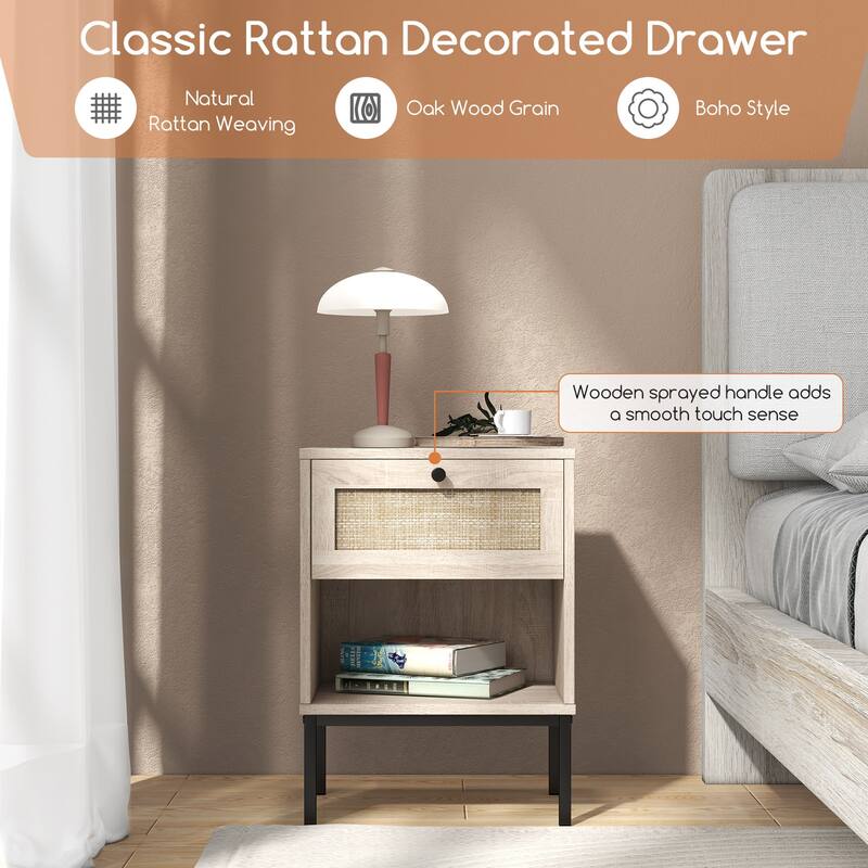 Rattan Nightstand Boho End Table with Rattan Drawer & Open Shelf