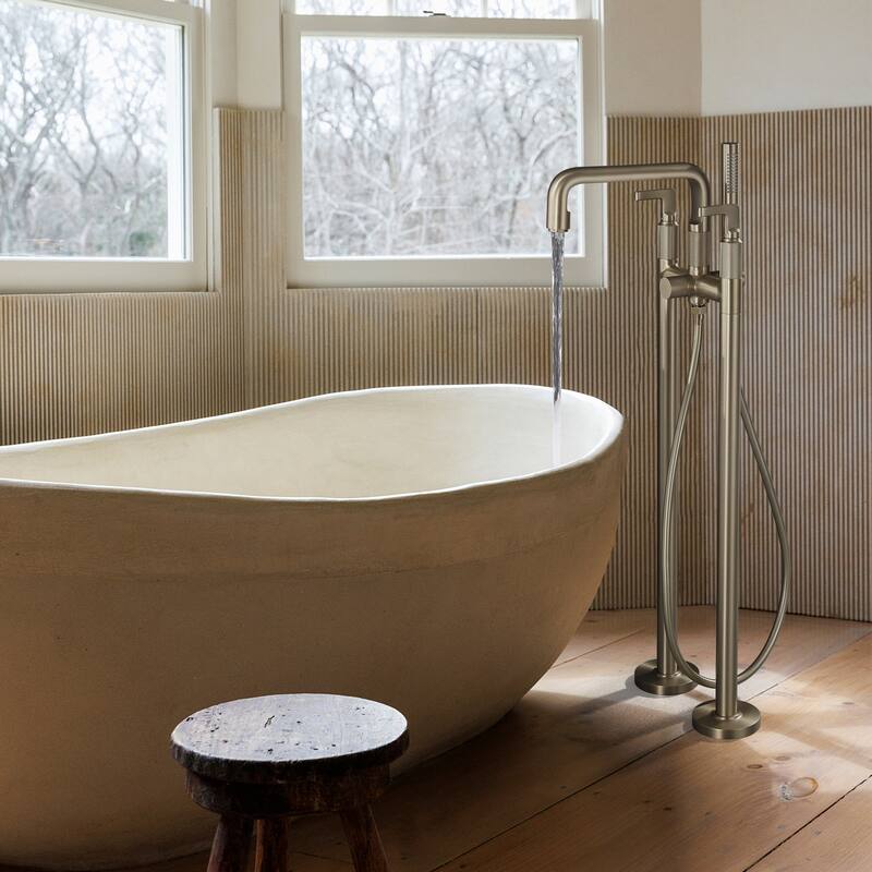 33" H Solid Brass Floor Mounted Freestanding Tub Faucet with Hand Shower and Diverter