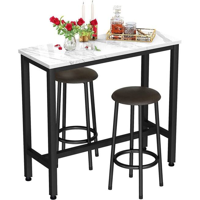 3 Piece Kitchen Pub Dining Set, Modern Faux Marble Counter Height Bistro Bar Table Set with 2 PU Leather Bar Stools